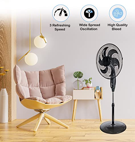 Invero 16" Inch Pedestal Air Cooling Fan with Remote Control - 3 Speed Oscillating Electric Floor Fan, Timer, Adjustable Height & Low Noise - For all Homes, Offices or Bedrooms - Black