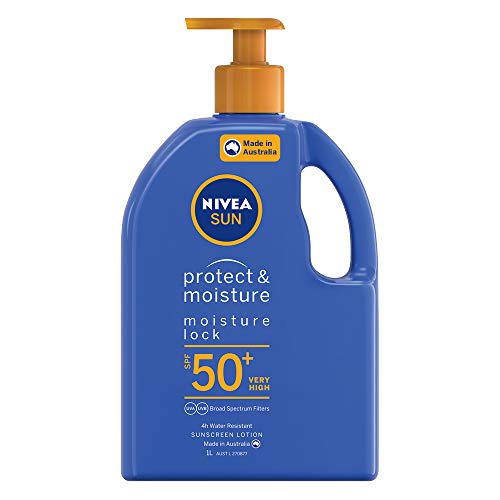 NIVEA SUN Protect and Moisture Sunscreen SPF50+ (1L Value Size), Moisturising Sunscreen Lotion with Vitamin E and Panthenol, 4 Hour Water Resistant with UVA and UVB Protection, Made in Australia