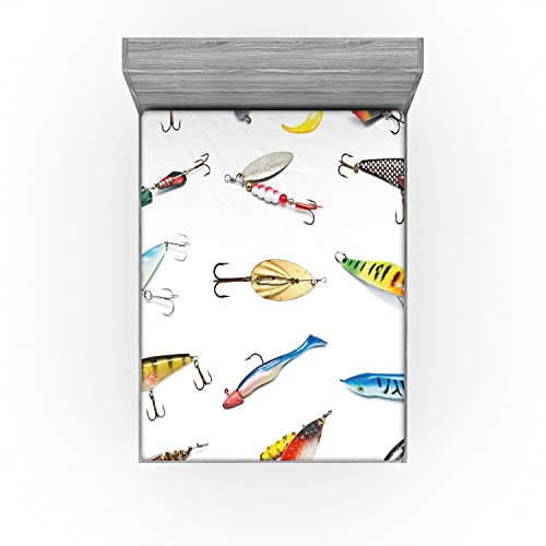 Ambesonne Fishing Fitted Sheet, Several Fish Hook Equipment Objects Trolling Angling Netting Gathering Activity, Bed Cover with All-Round Elastic Deep Pocket for Comfort, King Size, White Gray