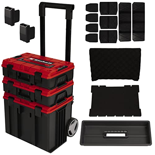 Einhell E-Case Tower Tool Storage System - 3 Stackable Cases with Wheels and Telescopic Handle - Power Tool Box, Lockable, Protective Storage and Transport of Tools and Accessories
