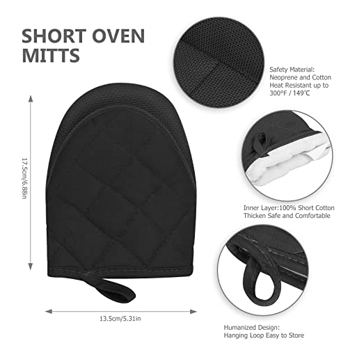 1 Pair Short Oven Mitts - Silicone Kitchen Oven Gloves High Heat Resistant 500℉, Mini Oven Mits with Non-Slip Grip Surfaces and Hanging Loop for BBQ, Baking, Cooking and Grilling (Black)