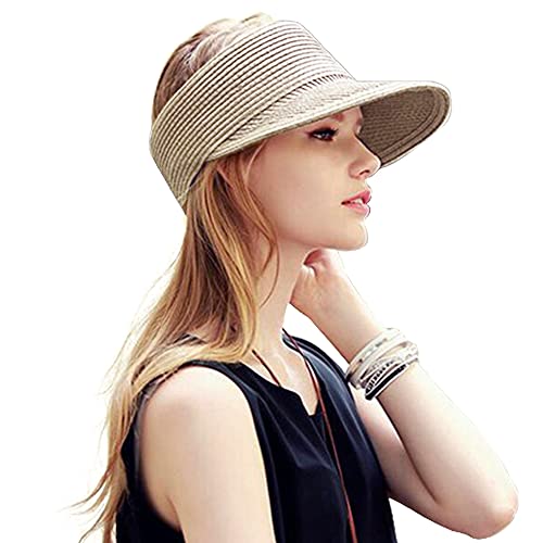 Soddeph Beach Hats for Women Wide Brim Roll-up Foldable Straw Sun Hat Visors Summer (Beige)