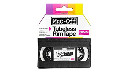 Muc-Off 20072 Tubeless Rim Tape, 30mm - Pressure-Sensitive Adhesive Rim Tape for Tubeless Bike Tyre Setups - 10 Metre Roll with 4 Seal Patches