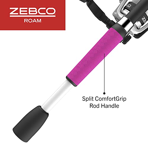 Zebco Roam Spinning Reel and 2-Piece Fishing Rod Combo, Durable Fiberglass Rod with ComfortGrip Handle, Right or Left-Hand Interchangeable Retrieve, Pink