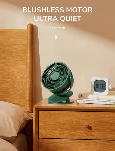 JISULIFE Stroller Fan Clip on Desk Fan, 4000mAh Battery Operated Fan, Quiet & Narrow Slot Design, 4 Speeds, Max 14 Hrs, Ideal for Bed, Desk, Car Seat, Office, Camping, Bedroom - Dark Green(2022)