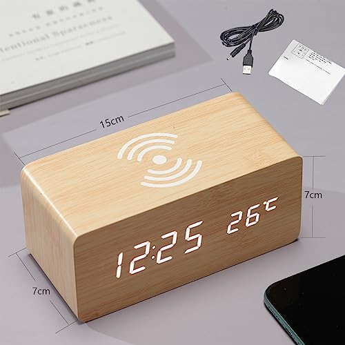 Wooden Alarm Clock with Wireless Charging, 3 Alarm LED Display with Adjustable Time Temperature Brightness, Sound Control for Home, Kids Bedroom, Office, Bedside