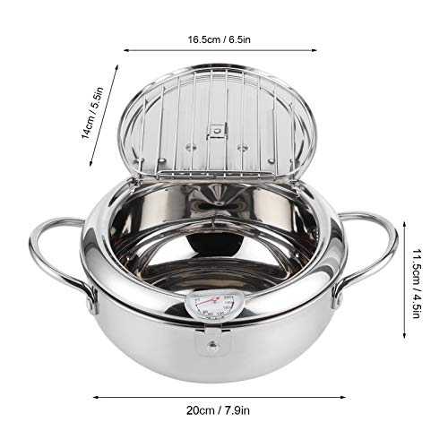 Deep Fryer Pot, Small Tempura Deep Fryer Stainless Steel Japanese Frying Pot with Thermometer, Lid and Oil Drip Drainer Rack for French Fries Shrimp Chicken Wings and Shrimp(S) deep Fryer