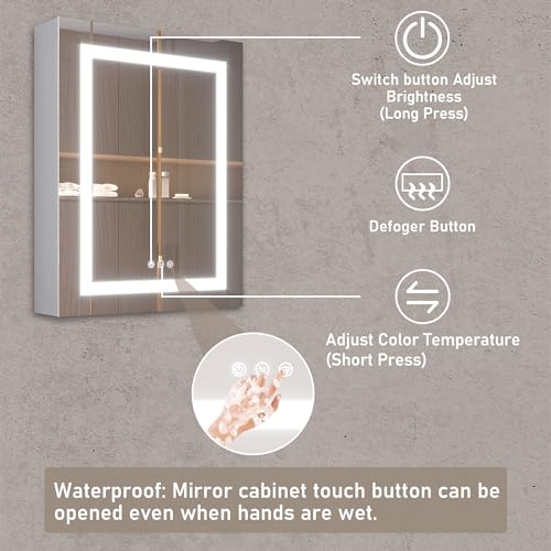 MIRPLUS 20 X 26 inch Bathroom Medicine Cabinet with Mirror Recessed or Surface Mount LED Bathroom Mirror Cabinet with Lights 3 Color Light Touch Switch(Right Door)