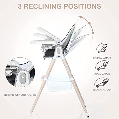 BABY JOY 4-in-1 Baby High Chair, Wooden Highchair Booster Seat w/Adjustable Seat & Double Removable Tray, Infant Dining Chairs Rocking Chair w/Storage Bag, Footrest & 3-Point Safety Belt, Gray