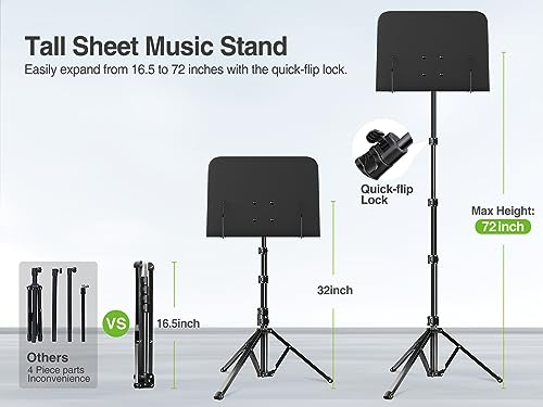 elitehood 72inch Heavy Duty Music Stand with Phone Holder, Foldable Music Stand for Sheet Music with Carrying Bag, Ultra-Stable Music Stand Suitable for Instrumental Performance & Band & Travel
