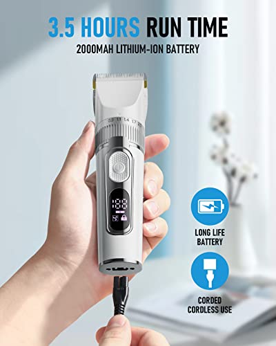 Cordless Hair Clippers for Men, IPX7 Waterproof Design, Professional Titanium & Ceramic Hair Cutting Kits for Barbers with 5 Adjustable Length Settings & LED Display, 2000mAh Li-ion Battery