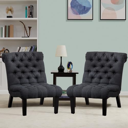 Alunaune Bedroom Chairs Armless Accent Lounge Chair Set of 2 Upholstered Tufted Sofa Backrest Fabric Recliner Living Room Chairs Wood Legs-Grey