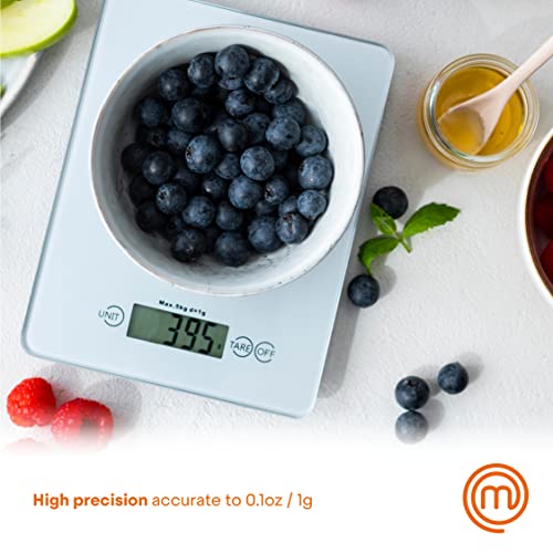 MasterChef Digital Kitchen Scale for Food Ounces and Grams, Portable Food Scale with LCD Display for Baking & Cooking, Made with Tempered Glass, Weighing Precision of 0.1oz, 11lb Weight Capacity