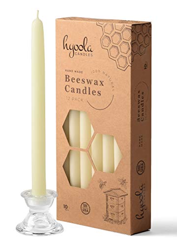 10" Beeswax Taper Candles 12 Pack - Handmade, All Natural, 100% Pure Unscented Bee Wax Candle - Tall, Decorative, White - 10 Hour Burn Time