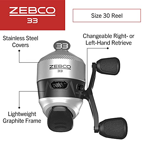 Zebco 33 Spincast Reel and Fishing Rod Combo, 5-Foot 6-Inch 2-Piece Fiberglass Rod, Quickset Anti-Reverse Fishing Reel with Bite Alert, Includes 29-Piece Tackle Kit, Silver/Black