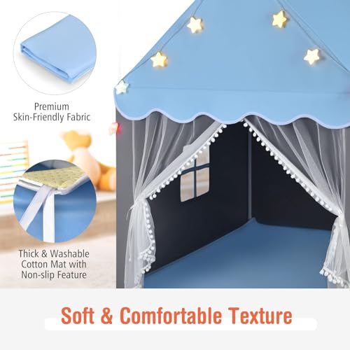 HONEY JOY Kids Play Tent, Large Playhouse with Star Ornaments, Washable Mat, Windows, Indoor Outdoor Princess Tent for Boys & Girls, Children Castle Fairy Tent, Holiday Birthday Gift (Blue)