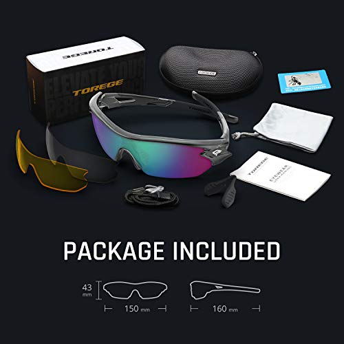 TOREGE Polarized Sports Sunglasses With 3 Interchangeable Lenes for Men  Women Cycling Running Driving Fishing Glasses TR002 (Transparent Gray  Frame&Green Lens)