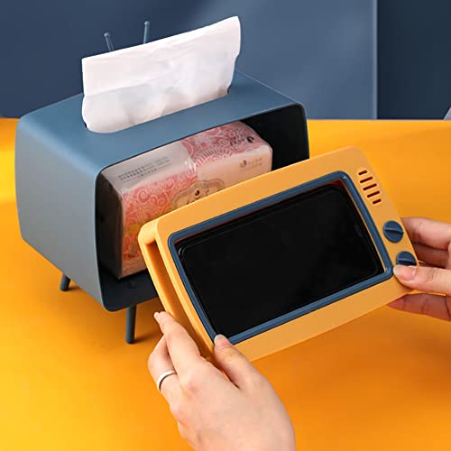 CQUUKOI Fun Cute TV Tissue Box Holder,Multi Functional Square Tissue Box Cell Phone Holder for All Smartphone Toilet Paper Napkin Box Desktop Decoration for Room Bathroom Kitchen Dining (Blue)