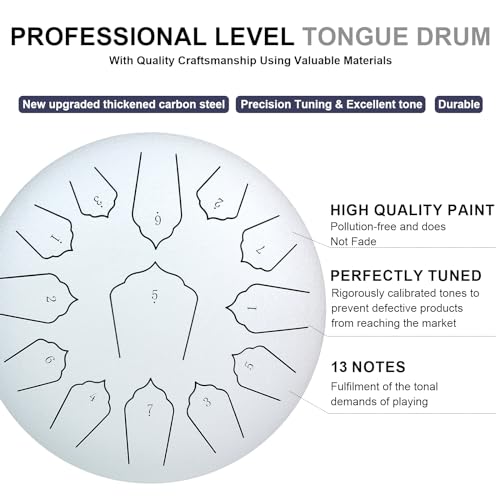 MUSCELL Steel Tongue Drum 12 Inches 13 Notes, Hand Drum with Bag, Music Book, Drumsticks, Mallet Holder and Finger Paddles, Thickened Carbon Steel, Continuous Echo for Meditation or Yoga (White)