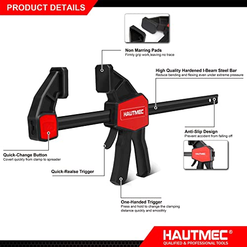 HAUTMEC Bar Clamps for Woodworking,One Handed Quick Grip Clamp/Spreader,12-Inch (2) and 6-Inch (4) wood clamps set with 150 Lbs Load Limit, for Woodworking and DIY HT0290-CL