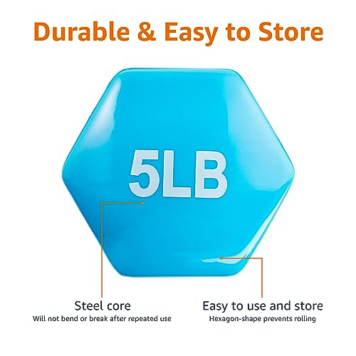 Amazon Basics Vinyl Hexagon Workout Dumbbell Hand Weight, 5-Pound/2.3 kg, Light Blue - Set of 2