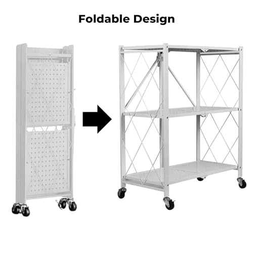 Ekkio Storage Shelves, Foldable Shelf, Metal Shelving Units for Garage, Kitchen, Bakers Closet, Metal Wire, Collapsible Organizer Rack (3 Tier - White)