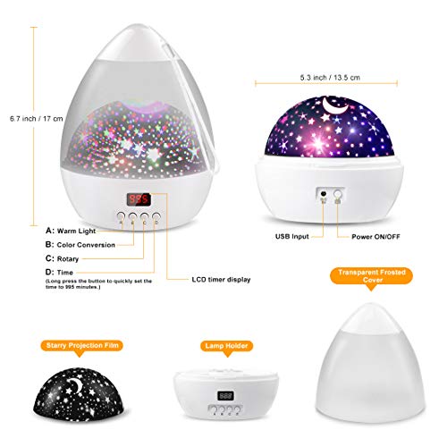 [ Newest Vision ]Star Light Rotating Projector, MOKOQI Night Lighting Star Moon Projection Lamp 4 LED Bulbs 4 Modes with Timer Auto Shut-Off & Hanging Strap for Kids Baby Bedroom (White)