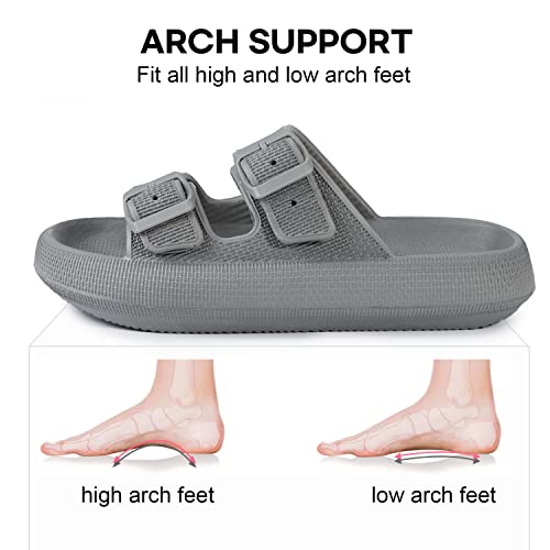 LongBay Women Men Double Buckle Adjustable EVA Slide Slippers Cloud Pillow Sandals (Dark Gray, 5-6 Women/3-4 Men）