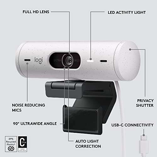 Logitech Brio 500 Full HD Webcam with Auto Light Correction, Auto-Framing, Show Mode, Dual Noise Reduction Mics, Webcam Privacy Cover, Works with Microsoft Teams, Google Meet, Zoom - Off White