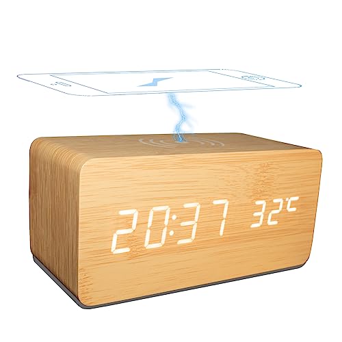 Wooden Alarm Clock with Wireless Charging, 3 Alarm LED Display with Adjustable Time Temperature Brightness, Sound Control for Home, Kids Bedroom, Office, Bedside