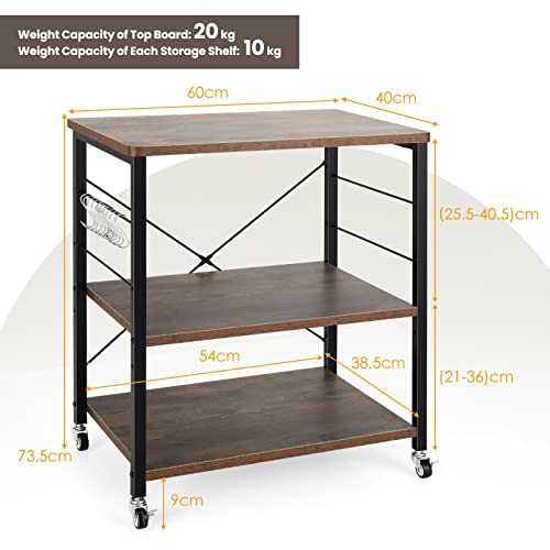 Giantex 3-Layer Kitchen Bakers' Rack Microwave Stand, Kitchen Rolling Cart with 4 Universal Wheels and 10 Removable Hooks, Coffee Cart Shelf Organizer for Kitchen, Living Room, Entryway (Rustic Brown)