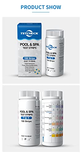 7 in 1 Pool Test Strips, 100pcs, Pool & Spa Test Strips, Water Quality Testing Strip for Hardness, Chlorine, Bromine, pH, Alkalinity, and Cyanuric Acid in Freshwater Saltwater Swimming Pool