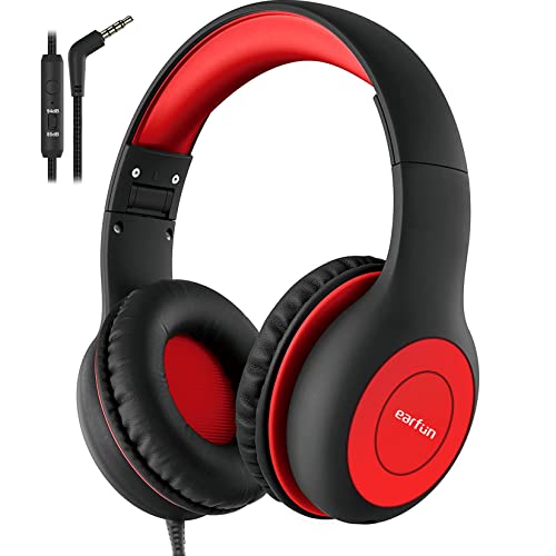 EarFun Kids Headphones Wired with Microphone, 85/94dB Volume Limit Headphones for Kids, Portable Wired Headphones with Shareport, Stereo Sound Foldable Headset for School/Tablet/iPad/Kindle, Black Red