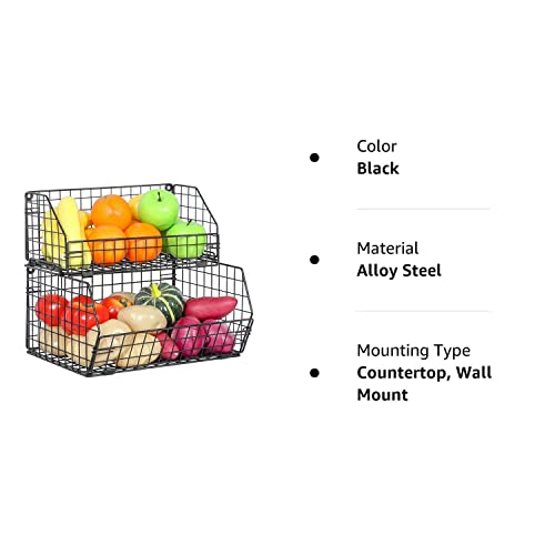 Fruit Vegetable Basket 2-Tier Wall-mounted Wire Storage Baskets Countertop Detachable Stackable Bin Kitchen Organizer Pantry Basket for Snack Canned Foods Potato Onion Storage Cabinet