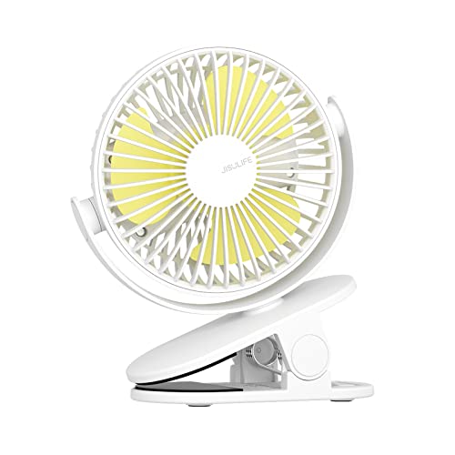 JISULIFE Clip on Desk Fan, Mini Stroller Fan, 4000mAh USB Rechargeable Small Fan with 16 hours, 4 Modes Quiet Battery Operated Fan for Outdoor Camping Golf Cart Indoor Treadmill Table - White