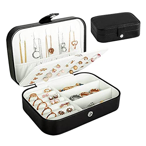 Jewelry Box Organizer, FOME Double Layer PU Leather Small Jewelry Travel Case PU Leather Jewelry Storage Case for Rings Earrings Necklace Bracelets Jewelry for Girls Women (Black)