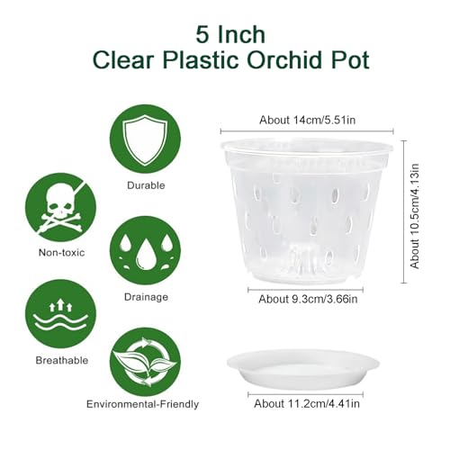 Clear Orchid Pots with Holes and Saucers,Flower Pots for Indoor Outdoor (5 Set Clear)