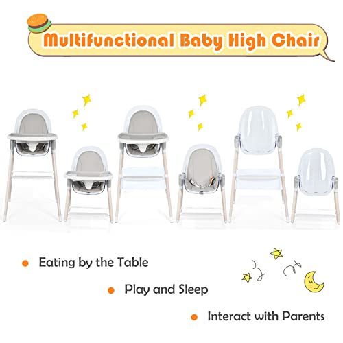 BABY JOY 3 in 1 Wooden Baby Highchair, Rocking Chair/Booster Seat/Toddler Chair Infant Dining Chairs w/Double Removable Tray, 3-Point Seat Belt & Removable Cushion (Gray)