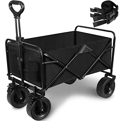 Collapsible Wagon Cart, Portable Heavy Duty Large Capacity Outdoor Garden Wagon with Big All-Terrain Wheels and Drink Holders, Beach Wagon Stroller for Garden Camping Fishing Sports Shopping