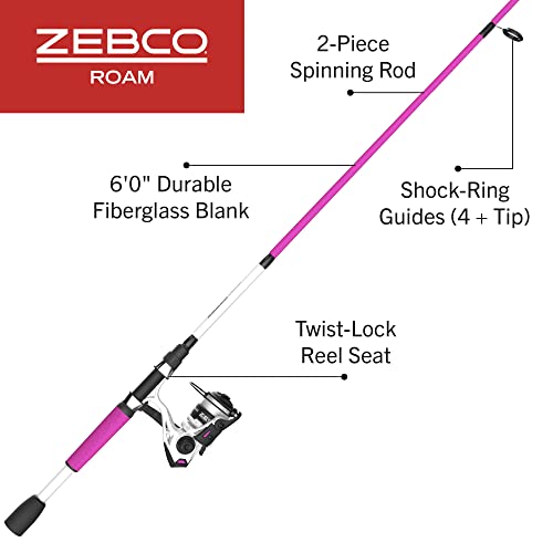 Zebco Roam Spinning Reel and 2-Piece Fishing Rod Combo, Durable Fiberglass Rod with ComfortGrip Handle, Right or Left-Hand Interchangeable Retrieve, Pink