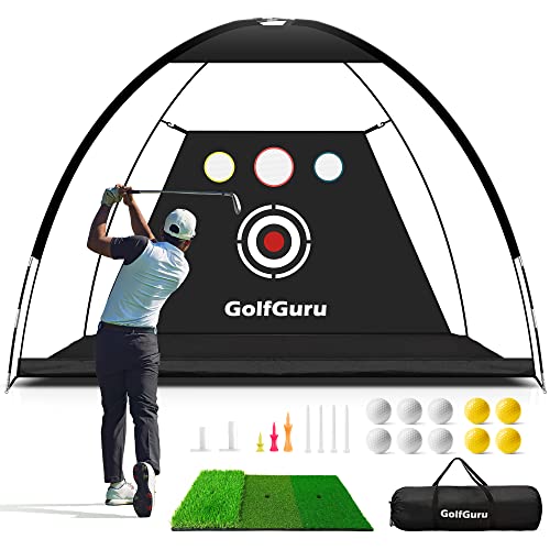 golfguru Golfguru Golf Net, 10x7ft All in 1 Practice Net with XL Tri-Turf Mat, Impact Target, 10 Balls, 7 Tees, 2 Rubber Carry Bag, for Backyard Driving Chipping Indoor Black