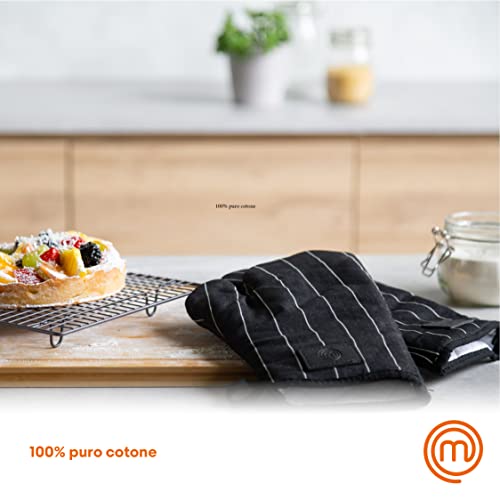 MasterChef Oven Mitts Heat Resistant, Pair of 2 Cooking Gloves, Cotton Oven Mittens, Kitchen Gloves With Vegan PU Leather Logo & Hanging Loop, Machine Washable, Black, One Size Fits All
