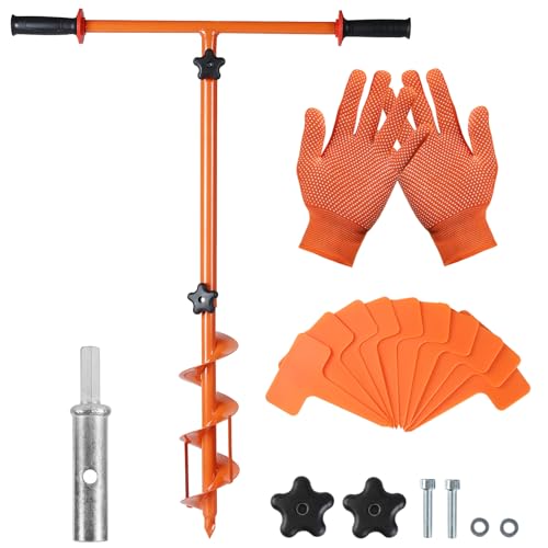 2023 Hole Digger Kit - 25.5×34In Hand Auger Post Hole Digger with A Hole Augers 3.95", Adapter, Gloves, Non-Slip Handles, And Plant Labels, For Flower, Tree, Seedlings, Umbrella, Fence Holes, Orange