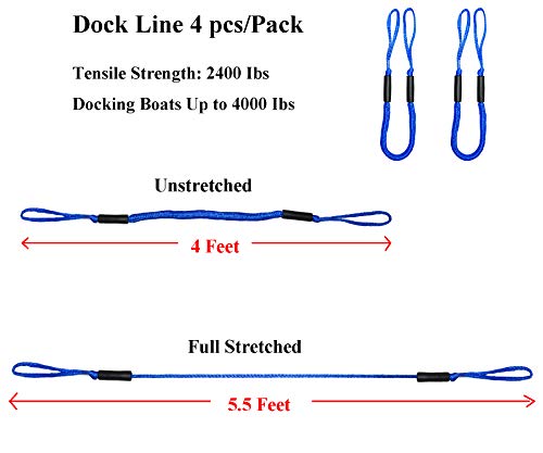 2pcs Bungee Boat Dock Lines 4Feet Blue Dockline Mooring Rope Boat Accessories Docking Lines PWC Shock Cords for Boats Kayak, Jet Ski, Pontoon, Canoe, Power Boat Wave Runner, SeaDoo, Watercraft