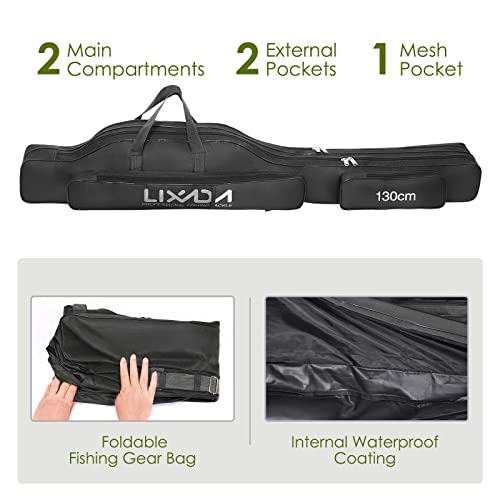 Lixada Fishing Rod Case, Portable Folding Fishing Rod Case Fishing Pole Reel Storage Bag Fishing Gears Organizer