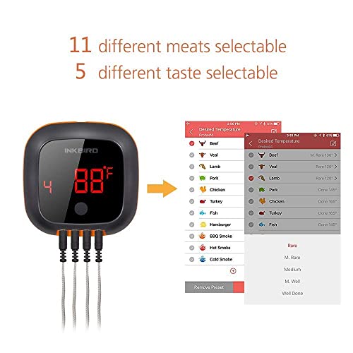 Inkbird Bluetooth Grill BBQ Meat Thermometer with 4 Probes Digital Wireless Grill Thermometer, Timer, Alarm,150 ft Barbecue Cooking Kitchen Food Meat Thermometer for Smoker, Oven, Drum