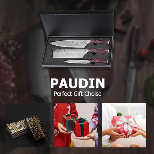 PAUDIN 3 Piece Kitchen Knife Set, German High Carbon Stainless Steel Chef Knife Set with Wooden Handle, Professional Kitchen Knives with Gift Box