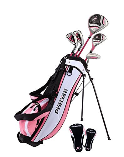 Precise Distinctive Girls Right Handed Pink Junior Golf for Age 9 to 12 (Height 4'4" to 5') Includes: Driver, Hybrid Wood, 2 Irons, Putter, Bonus Bag & 2 Headcovers,70000-PINK-9-12-RH