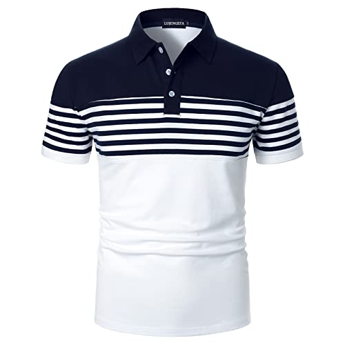 LUJENGEFA Mens Polo Shirt Stripe Short Sleeve Regular Tops Classic Casual Golf Contrast Color T-Shirt White