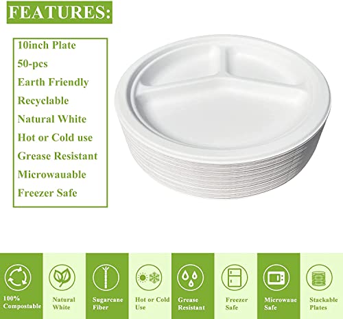 100% Compostable 10inch Heavy-Duty Plate for Happy Party Tableware, 3 Compartment Eco-Friendly Disposable White Bagasse Plate, 10" Paper Plate… (125 Pack)